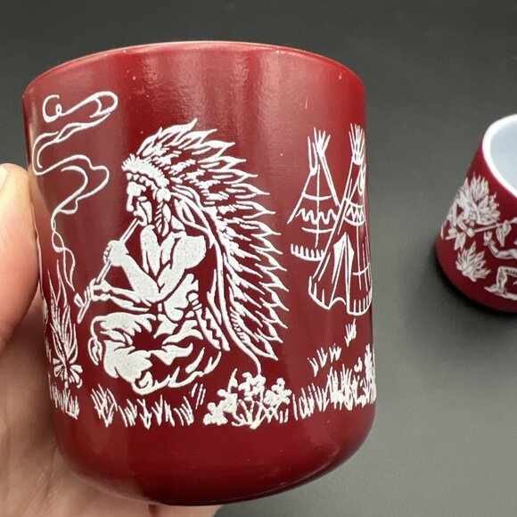 VTG Pair Of Hazel Atlas Western Childs Dark Red Milk Glass Mugs Native American - Picture 12 of 14